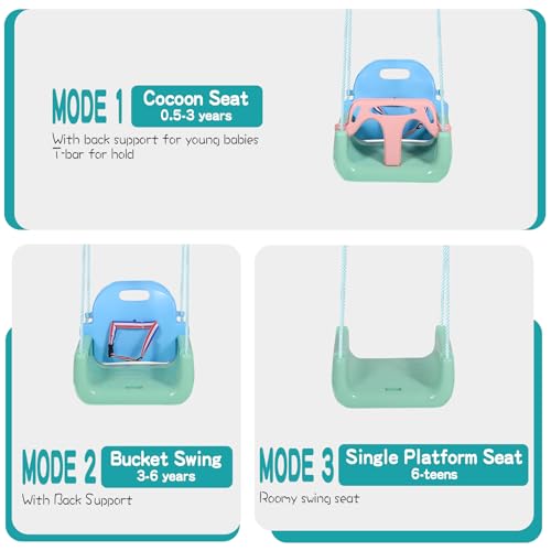 Image of RedSwing 3-in-1 Baby Swing Seat, Toddler Swings, Anti-Flip Snug & Secure Detachable Infants to Teens Kids Swing Seat for Outside Playground, Blue Green Pink