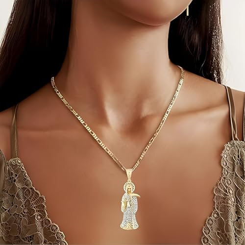 14k Yellow Gold La Santa Muerte Necklace For Women And Men - Holy Death's Pendant Necklaces, Santa Muerte Pendant With Chain, Holy Saint Death Religious Jewelry Gift3