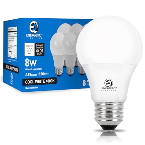 E ENERGETIC LIGHTING Light Bulbs 60 Watt Equivalent, A19 Cool White LED Light Bulbs, 15000 Hrs E26 Base, 8W 800LM 4000K Light Bulb, ETL Listed, Non-Dimmable, 8-Pack by E ENERGETIC LIGHTING - Used condition - US$11.09