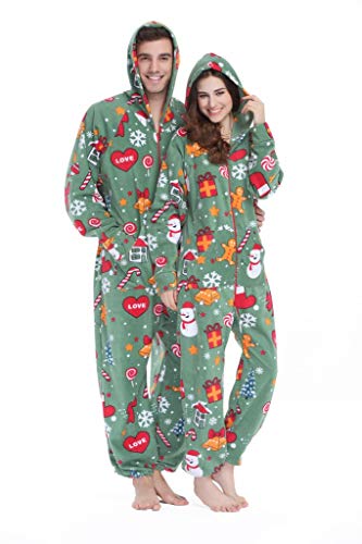 XMASCOMING Women's & Men's Hooded Fleece Onesie Pajamas Merry Xmas Size US XXL