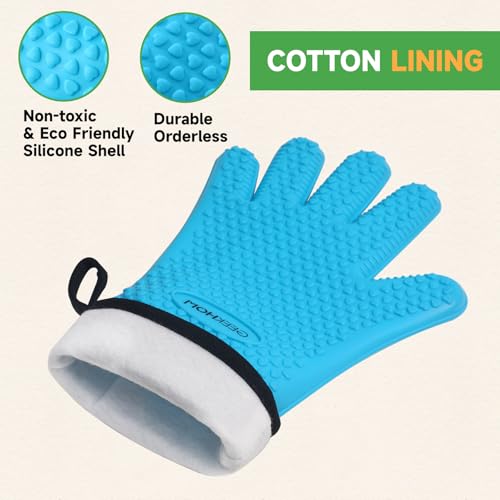 Image of GEEKHOM BBQ Gloves Heat Resistant Oven Mitts - Silicone Grilling Gloves with 13.7 inch Arm Protection - Waterproof Pot Holder Non-Slip for Men & Women, Kitchen Outdoor Cooking, Baking, Camping, Blue
