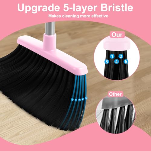 Image of BSKLIN Broom and Dustpan Set for Home, 52 inch Long Handle Broom with Dustpan Combo Set with Dust Pan Teeth to Clean Hair Sweeping Set for Kitchen Hardwood Floors Pet Hair (Pink)
