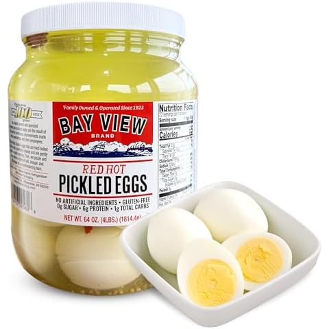 Bay View Pickled Eggs, No Artificial Ingredients, Gluten Free, 0g Sugar, 6g Protein, Fresh Grade A Eggs, Boiled and Peeled (64oz, Red Hot) Cover