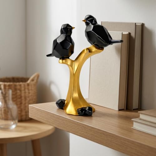 Image of Xtore Striking Geometric Bird Pair Sculpture for Home & Office Decor | Modern Black & Gold Perched Birds Showpiece for Living Room, Shelf & Table Styling (22 cm)
