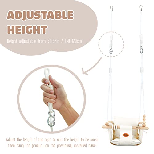 Bbkids Indoor Baby Swing, Canvas Baby Swing, Wooden Hammock Hanging Swing Seat Chair With Safety Belt, Outdoor Kids Toddler Baby Tree Swing, Full Set Of Ceiling Screws. (Cream) #TOP6