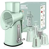 Rotary Cheese Grater - Best Cheese Grater with Handle, Non-Slip Suction Base, Round Mandoline Drum Slicer, Food Shredder, Cheese Shredder, with 5 Interchangeable Blades - Cooking Gadgets. (Green)