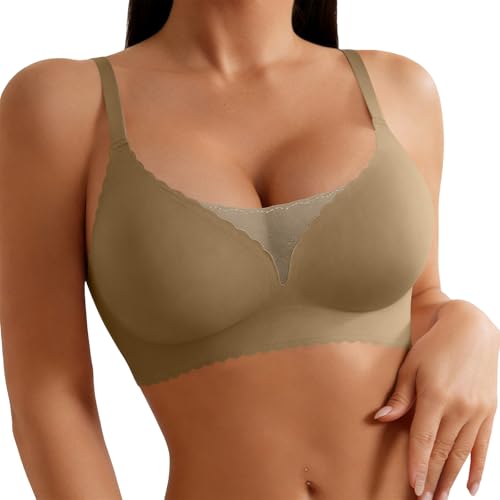 HAOLEI Sujetador Sin Aros Push Up,Bralette Mujer Encaje Sin Costuras Cuello en V Sostenes con Relleno Suave y Cómodo Sostén Básico de Copa Completa Transpirable Brasier con Tirantes Ajustable