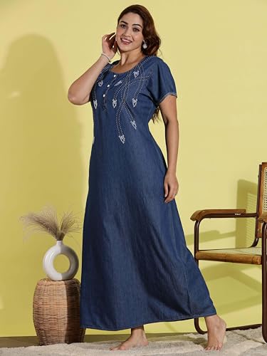 Image of 9shines Label Stylish Denim Cotton Nighty Maxi for Women | Full Length Trendy Nightgown | Premium Nightdress | Nightwear | Embroidery Nighty with Pocket (9SDS)