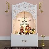 HomScape Lotus Tranquility Wooden Pooja Mandir for Home with Spacious Shelf & Inbuilt Focus Light - Temple for Home Floor Rested Pooja Mandir with Doors 31