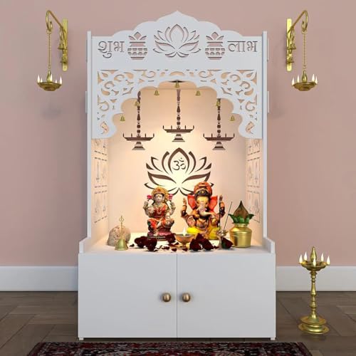 Lotus Tranquility Wooden Pooja Mandir for Home with Spacious Shelf & Inbuilt Focus Light - - Temple for Home Floor Rested Pooja Mandir with Doors 31