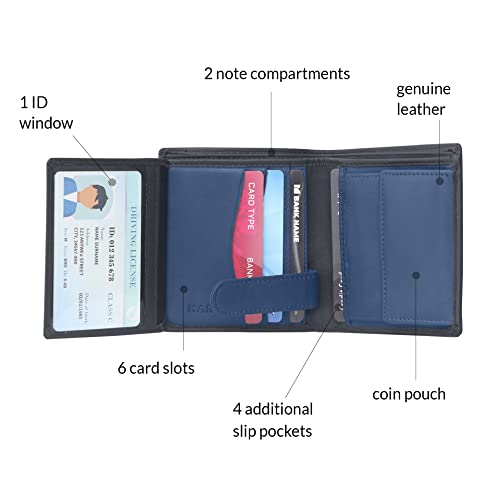 Image of KARA Genuine Leather Wallet for Men - Bi Fold Vertical Dual Color Black & Blue Men's Wallet with Six Business Card Holding Slots