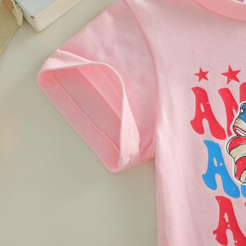 Image of Kids Toddler Girls 4th of July T-Shirt Short Sleeve Patriotic Coquette Bow American Flag Independence Day Top