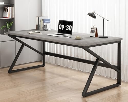 Image of HSH 70 Inch Long Grey Desk, Large Home Office Computer Desk for 2 People, Industrial Wood and Metal Executive Work Writing Study Gaming Desk Table, Modern Bedroom Simple PC Laptop Desk Double Desk