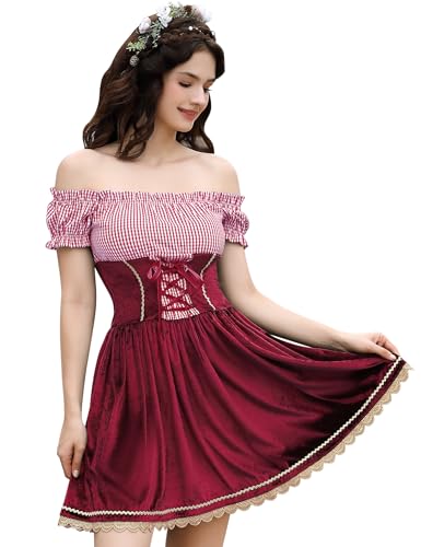 KOJOOIN Women German Dirndl Dress Traditional Bavarian Off Shoulder Velvet 1 Piece Oktoberfest Costumes Burgundy M