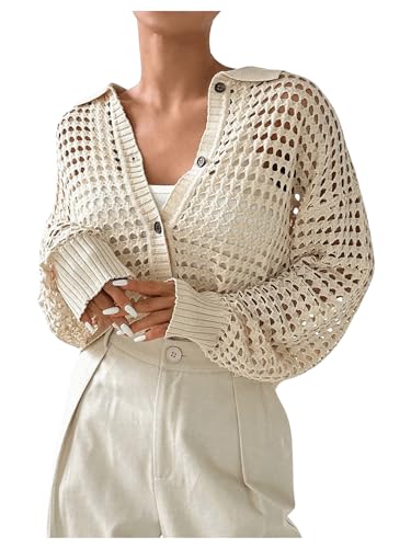 Women's Hollow Out Crochet Cardigan Sweater Collar Neck Button Front Cardigan Boho Loose Fit Casual for Summer Resort3