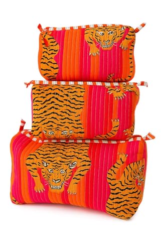 Quilted Cotton Makeup Bag Set | Tiger Print Travel Cosmetic Pouch for Women | Spacious Toiletry & Organizer Bag | Soft Zip Closure Vanity Case for Travel, Daily Use & Storage (Set of 3)