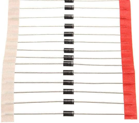 Several IN4007 diodes arranged in a paper strip, ready for individual use or insertion into a circuit board.