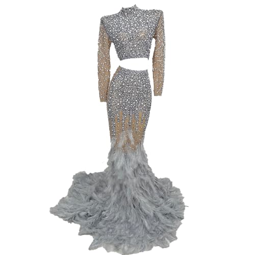 CELESINYI Women Formal Couture Feather Evening Dress Crop Tops Long Skirt 2Pcs Set Birthday Pearls Outfit Festival Costume (Grey, One Size)