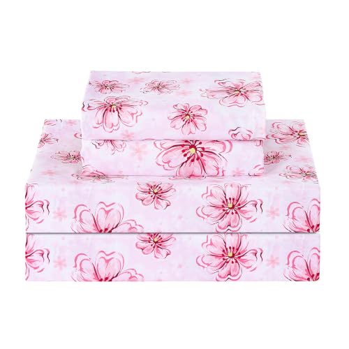 Softan Pink Floral Queen Sheet Set, Cozy Printed Microfiber Bed Fitted Sheets with 15