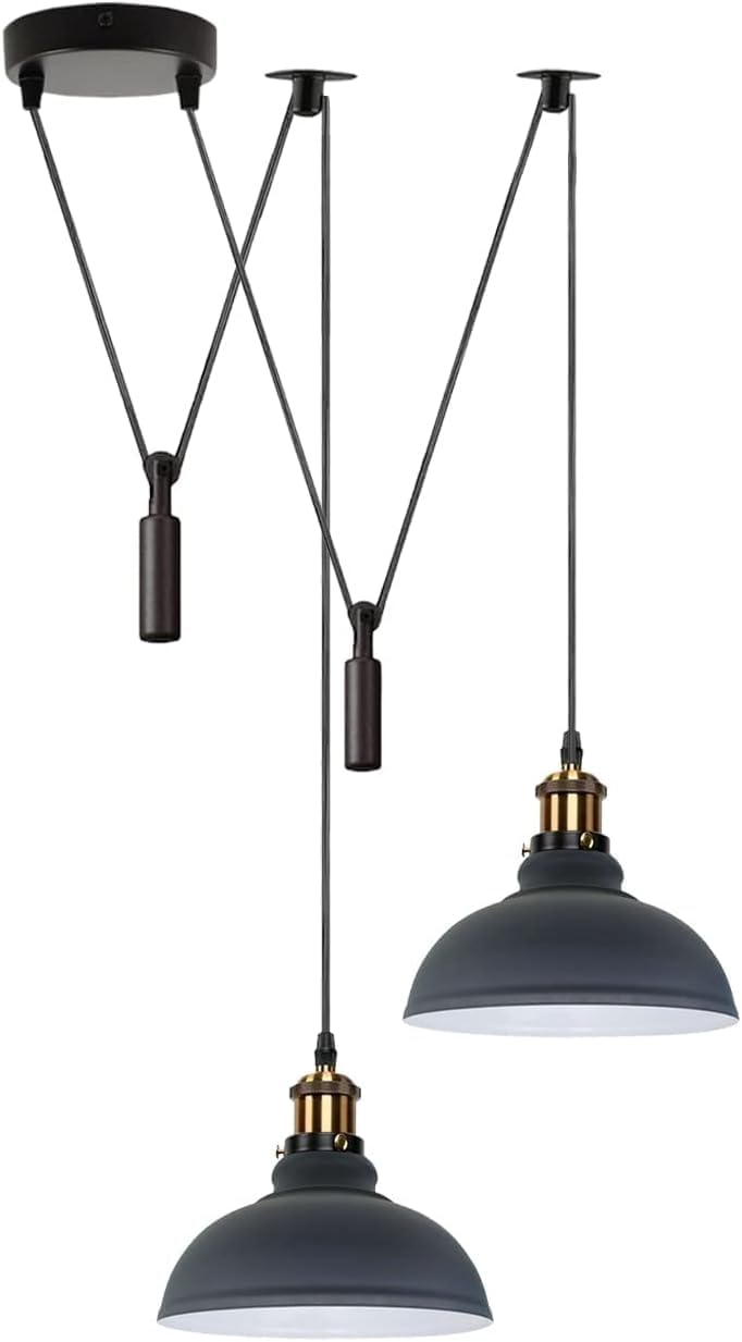 DC VOLTAGE 2 Head Ceiling Pendant Spider Light, 29cm Metal Light Shade, Adjustable 195cm Cord, Vintage Edison 60w E27 Bulb Base, Industrial Retro Lighting, Island Lamp for Dinner Room Kitchen (Grey)