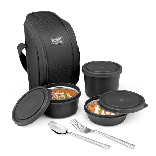 Image of CLASSIC ESSENTIALS Supreme All in One Lunch Box with Insulated Bag | Microwave Safe Containers with Steel Inner | Leak Resistant (Without Bottle, Black, 3 Containers)