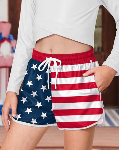 Image of BesserBay Girls 4th of July Elastic Waist Beach Swim Shorts American Flag Trunks with Pockets 5-14 Years