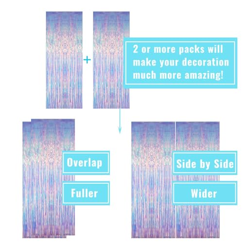 Image of GOER 3.2 ft x 6.5 ft Metallic Tinsel Foil Fringe Curtains Party Photo Backdrop Party Streamers for Mermaid Birthday Party Decorations(2 Packs,Iridescent)