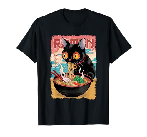 Kawaii Cat Comer Fideos Ramen Japonés Hombres Mujeres Anime Camiseta