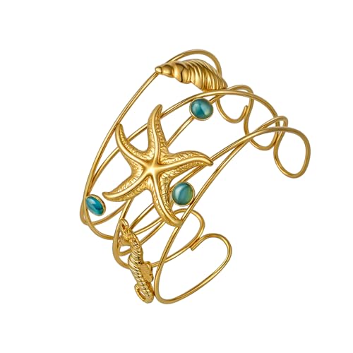 Gold Starfish/Sun Cuff Bracelet for Women Summer Beach Bracelet Adjustable Statement Bracelets Coastal jewelry