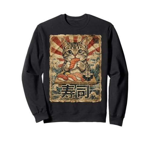 Hombres Mujeres Divertido Arte Japonés Estilo Vintage Gato Comer Sushi Sudadera
