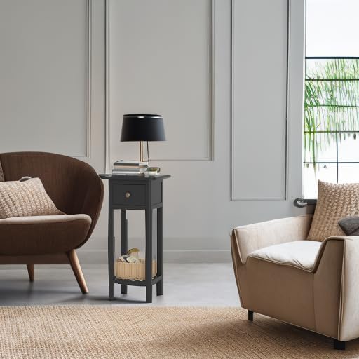 Miniatura 6 de Giantex - Mesa auxiliar alta, mesa auxiliar estrecha con cajón y estante, mesa de noche de madera de acacia para sala de estar, mesa auxiliar de 2