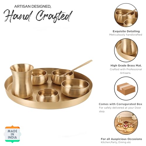 Image of The healing store 7-Piece Kansa Solid Dinner Set|Shine Finish|1 Plate (11.5 inch Thali),3 Bowls,1 Glass,1 Sweet Dish Plate,1 Spoon | Bronze Kansa Dinner Set 7 matt Polish