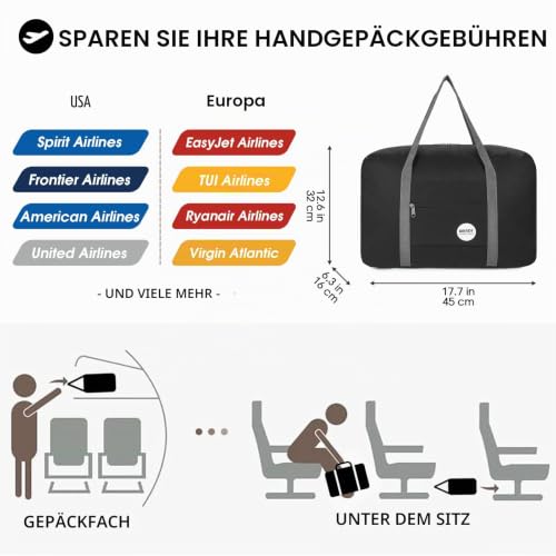 Handgepäck Tasche für Flugzeug Reisetasche Klein Faltbare Handgepäck Koffer 55x40x20cm / 45x36x20cm Sporttasche Krankenhaustasche Weekendertasche von WANDF (A - Schwarz)