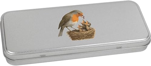 Azeeda 'Robin Bird Feeding Baby Chicks Nest Wildlife' Metal Hinged Stationery Tin/Storage Box (TT00301228)