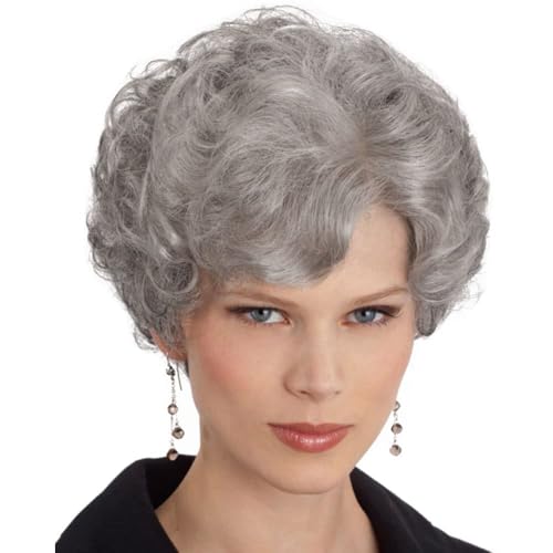 Short Silver Grey Curly Wigs with Bangs Womens Granny Blanche Wig Seniors