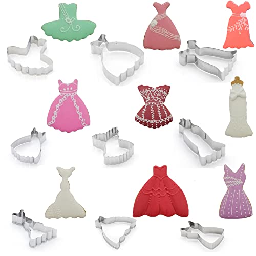 Mini Dress Cookie Cutter Set Of 9 Pcs, Stainless Steel Mini One-Bite Size Wedding Dress Shaped Fondant Cutters Baking Molds #TOP3