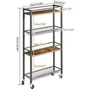 YMYNY Slim Kitchen Storage Rolling Cart, 4-Tier Utility Cart on Wheels, for Narrow Spaces, Laundry Room, Dining Room, Bathroom, 32.7" H Shelving Unit with Mesh Baskets, Rustic Brown UHBR002H YMYNY Slim Kitchen Storage Rolling Cart 4 Tier Utility Cart on Wheels for Narrow Spaces Laundry Room Dining Room Bathroom 327 H Shelving Unit with Mesh Baskets Rustic Brown UHBR002H