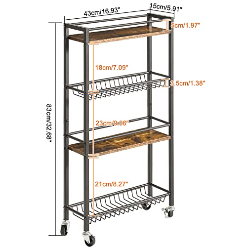 YMYNY-Slim-Kitchen-Storage-Rolling-Cart-4-Tier-Utility-Cart-on-Wheels-for-Narrow-Spaces-Laundry-Room-Dining-Room-Bathroom-327-H-Shelving-Unit-with-Mesh-Baskets-Rustic-Brown-UHBR002H YMYNY Slim Kitchen Storage Rolling Cart 4 Tier Utility Cart on Wheels for Narrow Spaces Laundry Room Dining Room Bathroom 327 H Shelving Unit with Mesh Baskets Rustic Brown UHBR002H