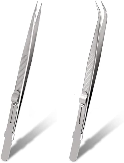 Precision Tweezers Set, Bestgle 2pcs Stainless Steel Slide Locking Tweezers, Fine Pointed Tips