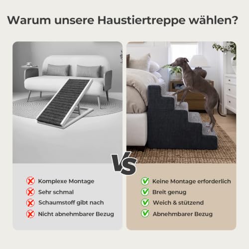 Sytopia Hundetreppe 5 Stufen, 57 cm hoch, bis 40 kg, Haustiertreppe für kleine/mittelgroße Hunde und Katzen, Katzentreppe für hohes Bett und Boxspringbett, 30D Schaumstoff, rutschfest, Grau