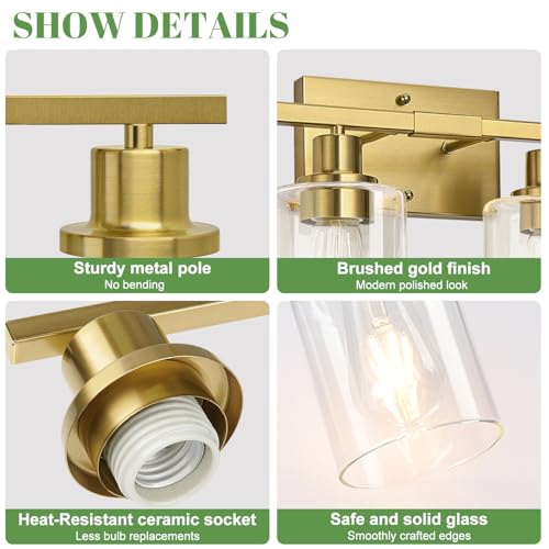 Image of MOKATNG 4-Light Bathroom Light Fixtures, Vanity Light with Clear Glass Shades, Brushed Gold Bathroom Light Fixtures Over Mirror, Modern Bathroom Wall Lamp for Mirror Living Room Cabinet Bedroom
