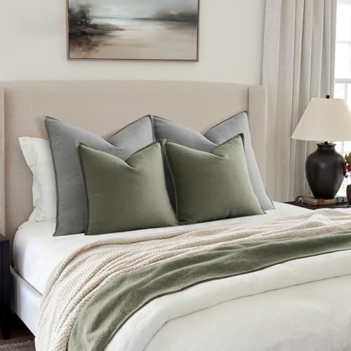 Image of MIULEE Euro Sham Pillow Covers for Bed 24x24, 2 Pack Olive Green Thick & Textured Decorative Throw Pillow Covers, Neutral Linen Cushion Cases, Modern Farmhouse Home Decor, No Filling