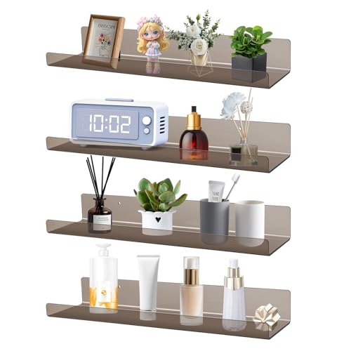 Dezzer 4 Pack Acrylic Shelves for Wall, 15" Acrylic Floating Shelves for Bathroom Bedroom, Invisible Bookshelf Wall Ledge Storage Shelf Books Perfume Toys Action Figure Display Shelves, Clear Gray