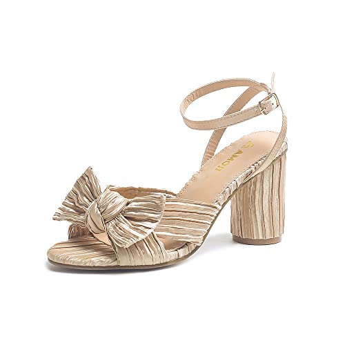 Amoji Women's Satin Block Heeled 3 Inch-4 Inch Sandal Bowknot Pleated Ankle Strap for Wedding Party Dress Shoes 302