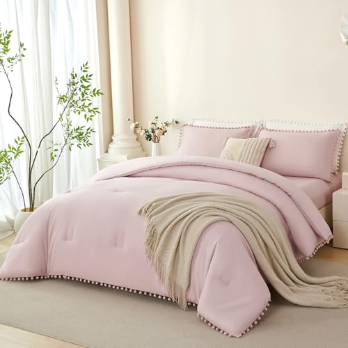 PERFEMET Twin Size Girls Comforter Set Dusty Pink, 5 Pieces Pom Pom Fringe Fluffy Twin Bed in a Bag with Sheets, All Season Soft Shabby Chic Solid Bedding Comforter Set for Kids Teen