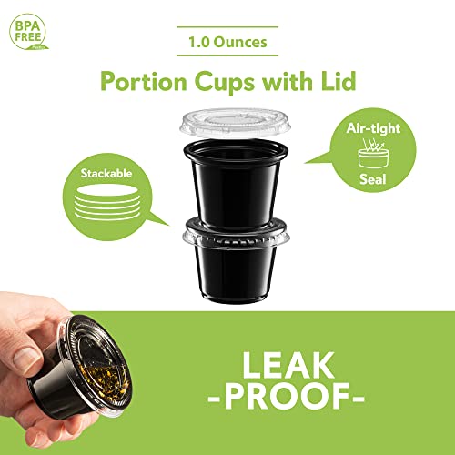 Image of {1 oz - 100 Sets} Black Diposable Plastic Portion Cups With Lids, Small Mini Containers For Portion Controll, Jello Shots, Meal Prep, Sauce Cups, Slime, Condiments, Medicine, Dressings, Crafts, Disposable Souffle Cups & Much more