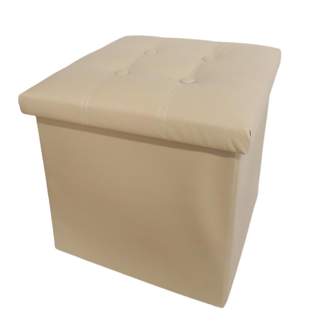 Folding Storage Ottoman Storage Cube Seat Foot Rest Stool with Memory Foam for Space Saving, Square Ottoman 15X15x15 inches, PU Leather Cream