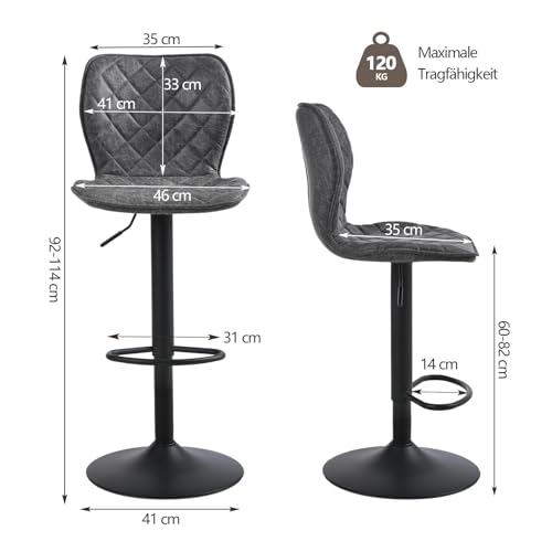 Goeurvant Barhocker 2er Set Barstuhl Höhenverstellbar mit Lehne & Fußstütze – 360°Drehbar PU Leder Gepolstert Barstühle mit Metallgestell für Küche Theke Esszimmer Wohnzimmer,Schwarz