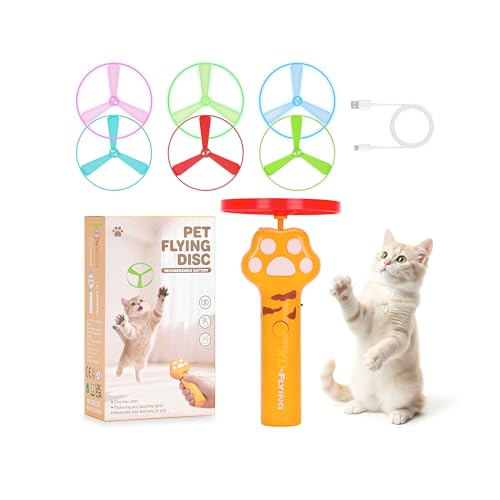 AGIFTMIND Cat Fetch Toy, Rechargeable Flying Disc Launcher with 6 Flying Discs, Cat Interactive Hunting Toys for Outdoor & Indoor (Yellow)