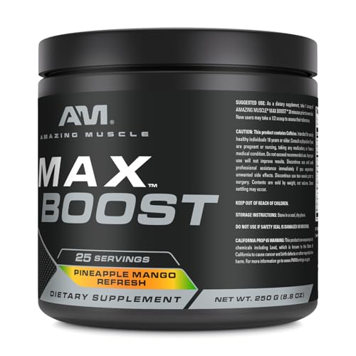 Image of Amazing Muscle Max Boost | 25 Servings | Intense Pre-Workout Supplement for Men & Women | Contains Creatine Monohydrate, Caffeine, Beta-Alanine, Betaine (25 Servings, Pineapple Mango)